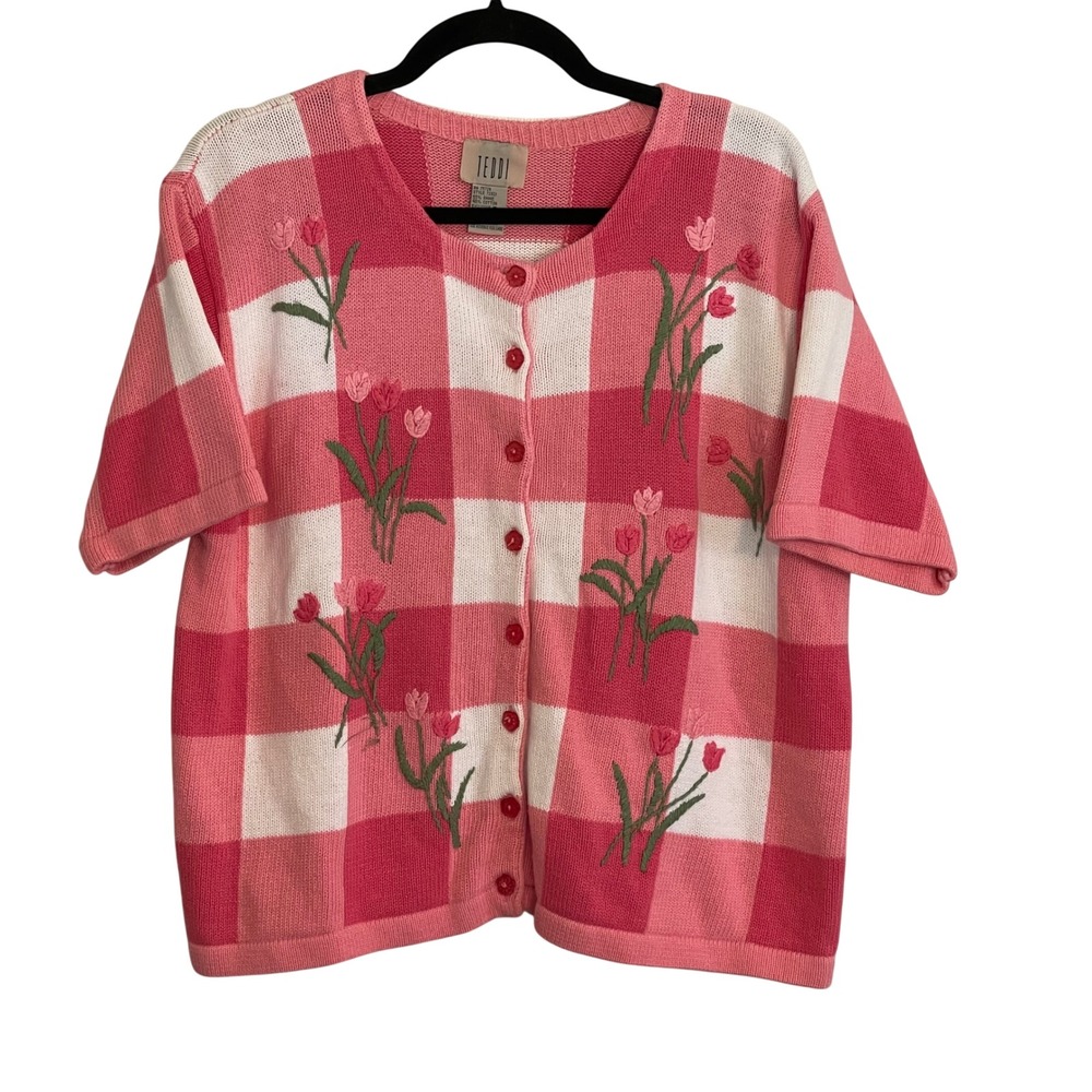 Teddi Pink Gingham Tulip Embroidered Short Sleeve Cardigan Sweater Large 72821